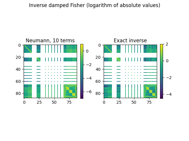 Inverse damped Fisher (logarithm of absolute values), Neumann, 10 terms, Exact inverse